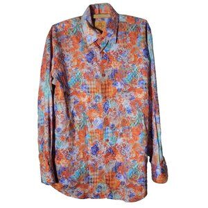 R. Lewis Orange Blue Contemporary Fit Size Large 100% Cotton Square Button Up